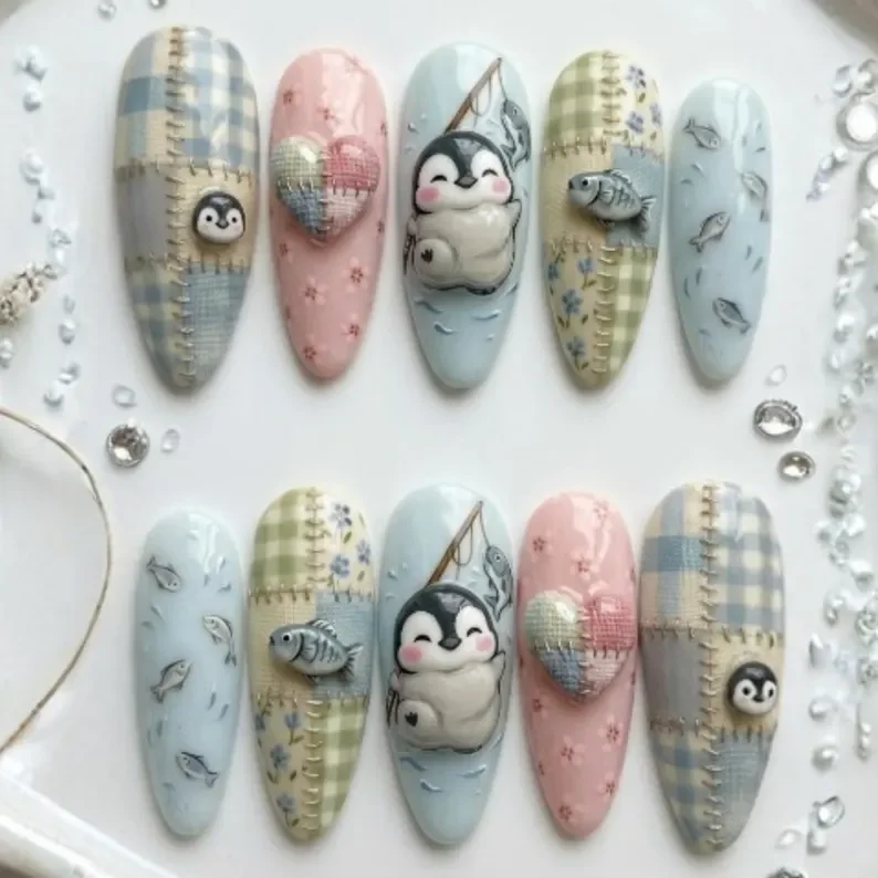 cozy patchwork penguin, 3D shabby chic, press on nails, custom press on nails, fake nails, Nails Art, stained glass nails, gold press on nails, 3d press on nails, luxury press on nails, handmade press on nails