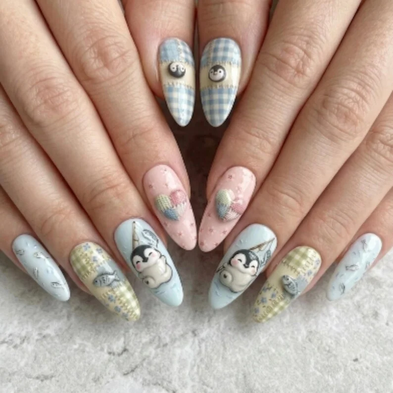 patchwork nails, penguin nail art, press on nails, custom press on nails, fake nails, Nails Art, stained glass nails, gold press on nails, 3d press on nails, luxury press on nails, handmade press on nails