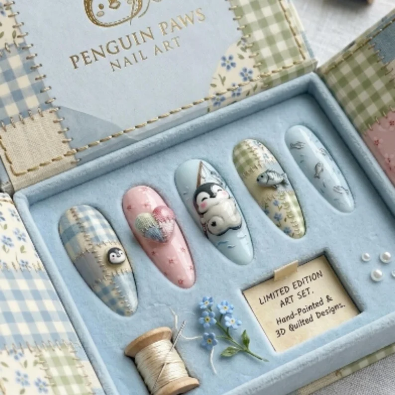 cozy patchwork penguin, 3D shabby chic, press on nails, custom press on nails, fake nails, Nails Art, stained glass nails, gold press on nails, 3d press on nails, luxury press on nails, handmade press on nails