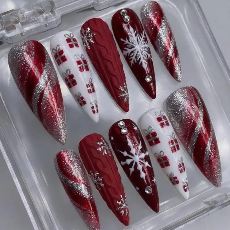 3D sweater nails, candy cane design, press on nails, custom press on nails, fake nails, Nails Art, stained glass nails, gold press on nails, 3d press on nails, luxury press on nails, handmade press on nails