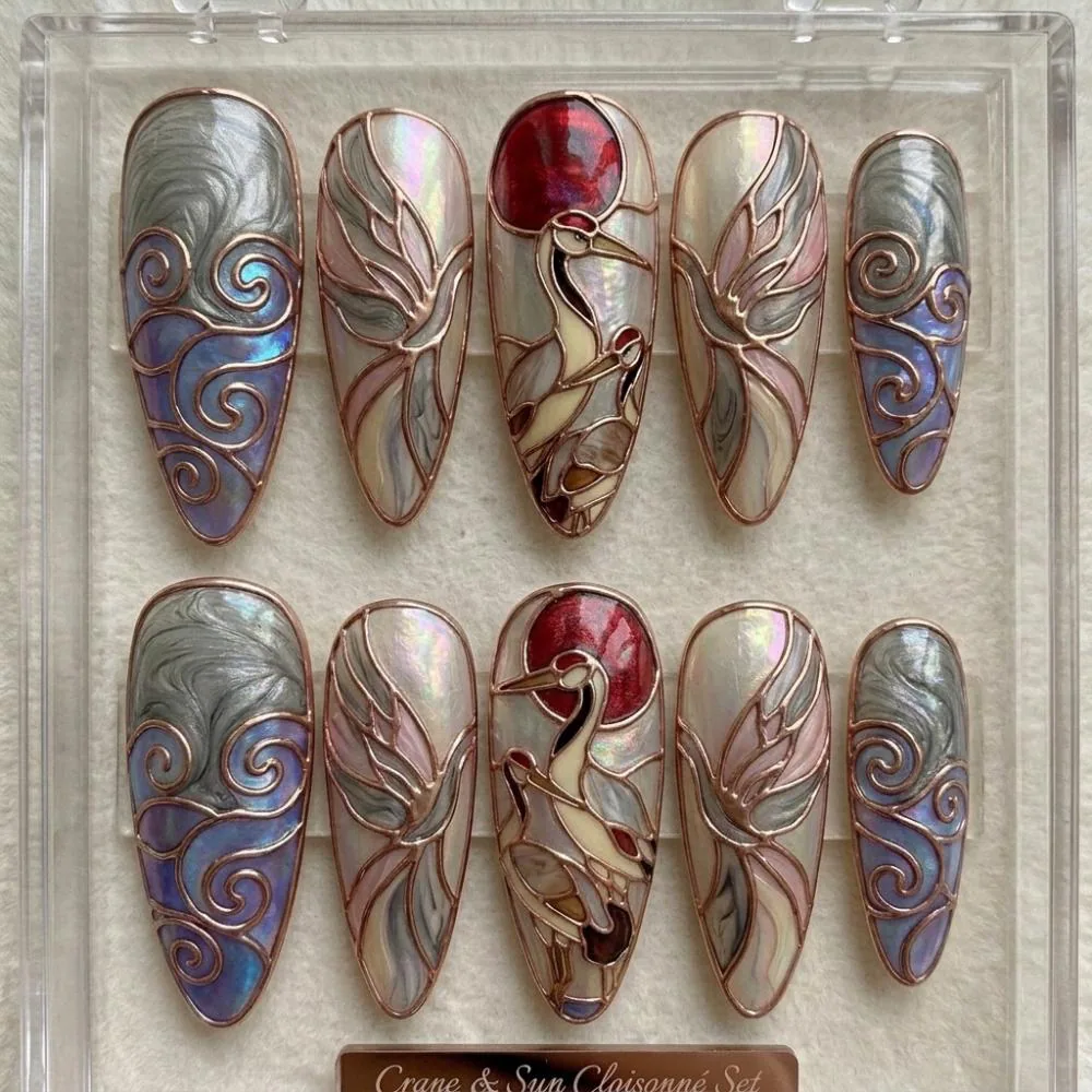 crane sun nails, cloisonné press on, press on nails, custom press on nails, fake nails, Nails Art, stained glass nails, gold press on nails, 3d press on nails, luxury press on nails, handmade press on nails