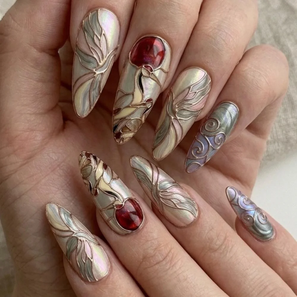 3D rose gold, Asian art nails, press on nails, custom press on nails, fake nails, Nails Art, stained glass nails, gold press on nails, 3d press on nails, luxury press on nails, handmade press on nails