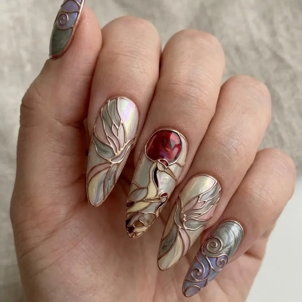 sun crane design, rose gold iridescent, press on nails, custom press on nails, fake nails, Nails Art, stained glass nails, gold press on nails, 3d press on nails, luxury press on nails, handmade press on nails