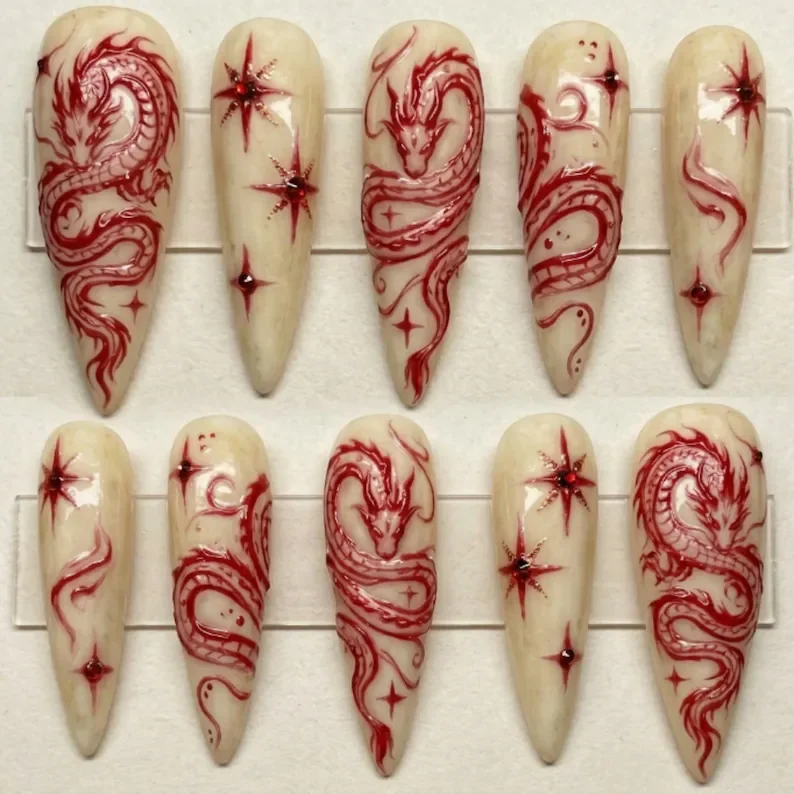 3D embossed, red dragon, press on nails, custom press on nails, fake nails, Nails Art, stained glass nails, gold press on nails, 3d press on nails, luxury press on nails, handmade press on nails