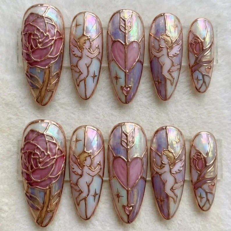 Cupid’s Cathedral, Stained Glass Nails, press on nails, custom press on nails, fake nails, Nails Art, stained glass nails, gold press on nails, 3d press on nails, luxury press on nails, handmade press on nails
