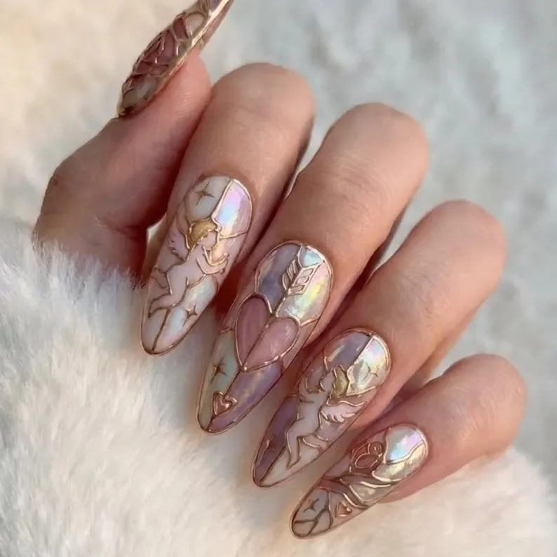 Valentine Press-On, 3D Romantic Nail Art, press on nails, custom press on nails, fake nails, Nails Art, stained glass nails, gold press on nails, 3d press on nails, luxury press on nails, handmade press on nails