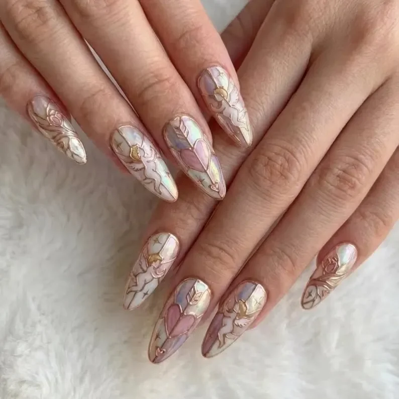 Rose Gold Nails, Romantic Rose Nail, press on nails, custom press on nails, fake nails, Nails Art, stained glass nails, gold press on nails, 3d press on nails, luxury press on nails, handmade press on nails
