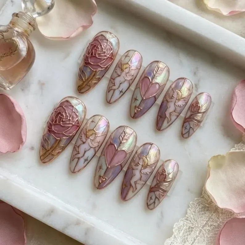 Press-On Nail Set, 3D Nail Art, press on nails, custom press on nails, fake nails, Nails Art, stained glass nails, gold press on nails, 3d press on nails, luxury press on nails, handmade press on nails