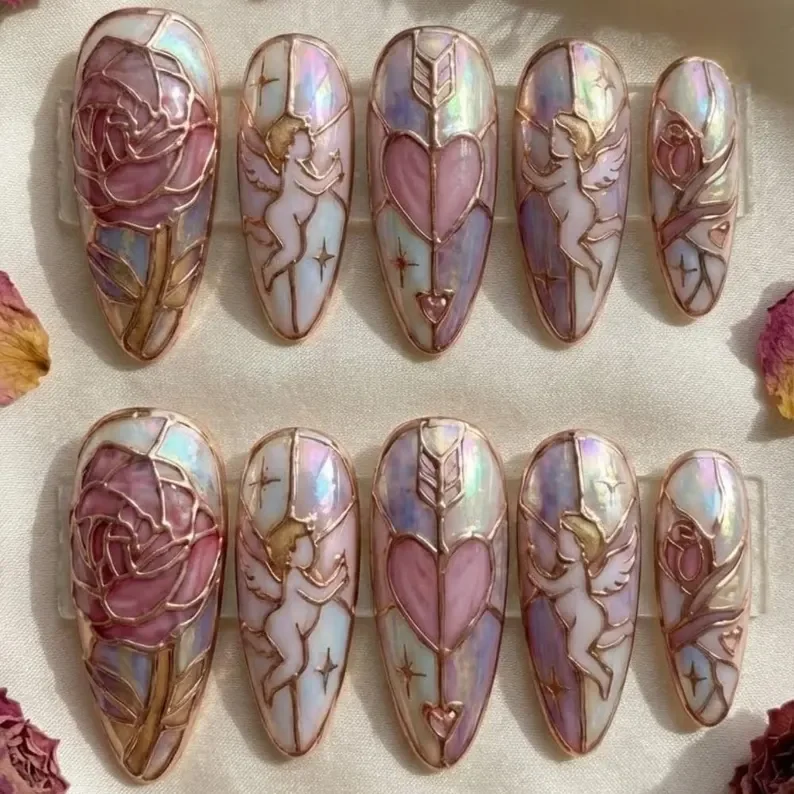 Valentine Nail Design, Cupid’s Cathedral, press on nails, custom press on nails, fake nails, Nails Art, stained glass nails, gold press on nails, 3d press on nails, luxury press on nails, handmade press on nails