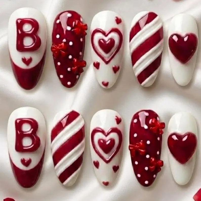coquette red bow, white sweetheart nails, press on nails, custom press on nails, fake nails, Nails Art, stained glass nails, gold press on nails, 3d press on nails, luxury press on nails, handmade press on nails
