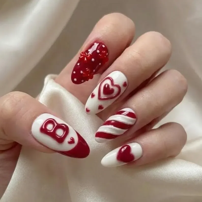 coquette nail style, valentines day nails, press on nails, custom press on nails, fake nails, Nails Art, stained glass nails, gold press on nails, 3d press on nails, luxury press on nails, handmade press on nails