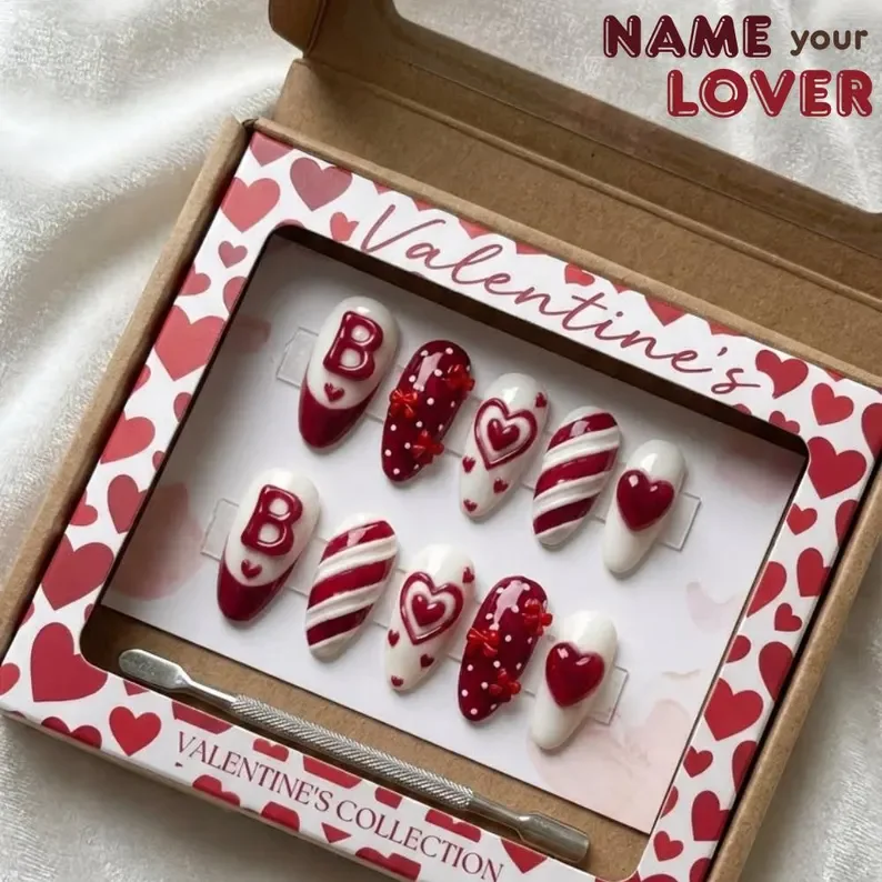 custom 3D initial nails, valentine press on nails, press on nails, custom press on nails, fake nails, Nails Art, stained glass nails, gold press on nails, 3d press on nails, luxury press on nails, handmade press on nails