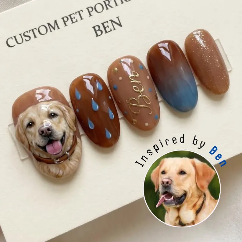 puppy portrait, 3D puppy nails, press on nails, custom press on nails, fake nails, Nails Art, stained glass nails, gold press on nails, 3d press on nails, luxury press on nails, handmade press on nails