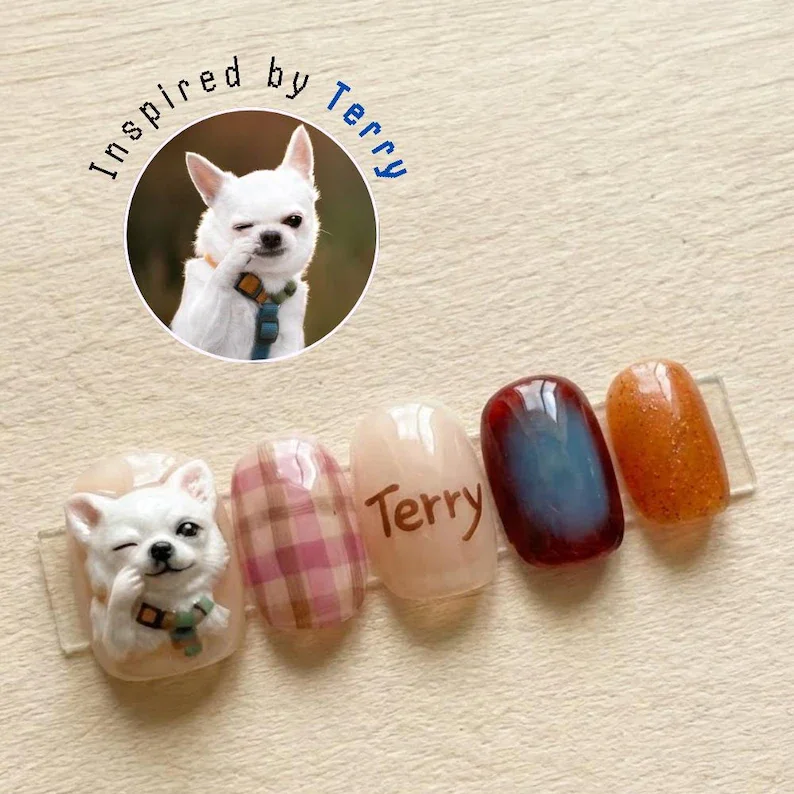 puppy portrait, 3D puppy nails, press on nails, custom press on nails, fake nails, Nails Art, stained glass nails, gold press on nails, 3d press on nails, luxury press on nails, handmade press on nails