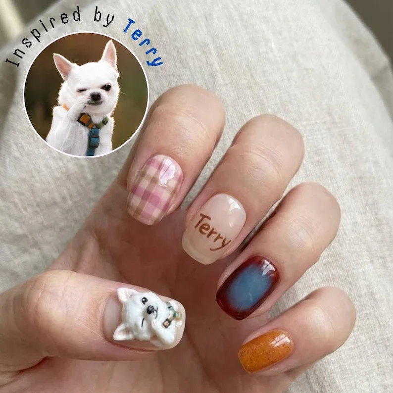custom dog nails, pet lover gift, press on nails, custom press on nails, fake nails, Nails Art, stained glass nails, gold press on nails, 3d press on nails, luxury press on nails, handmade press on nails