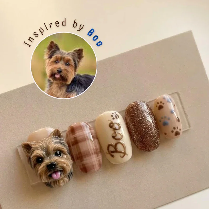 custom 3D puppy portrait, press on nails, custom press on nails, fake nails, Nails Art, stained glass nails, gold press on nails, 3d press on nails, luxury press on nails, handmade press on nails