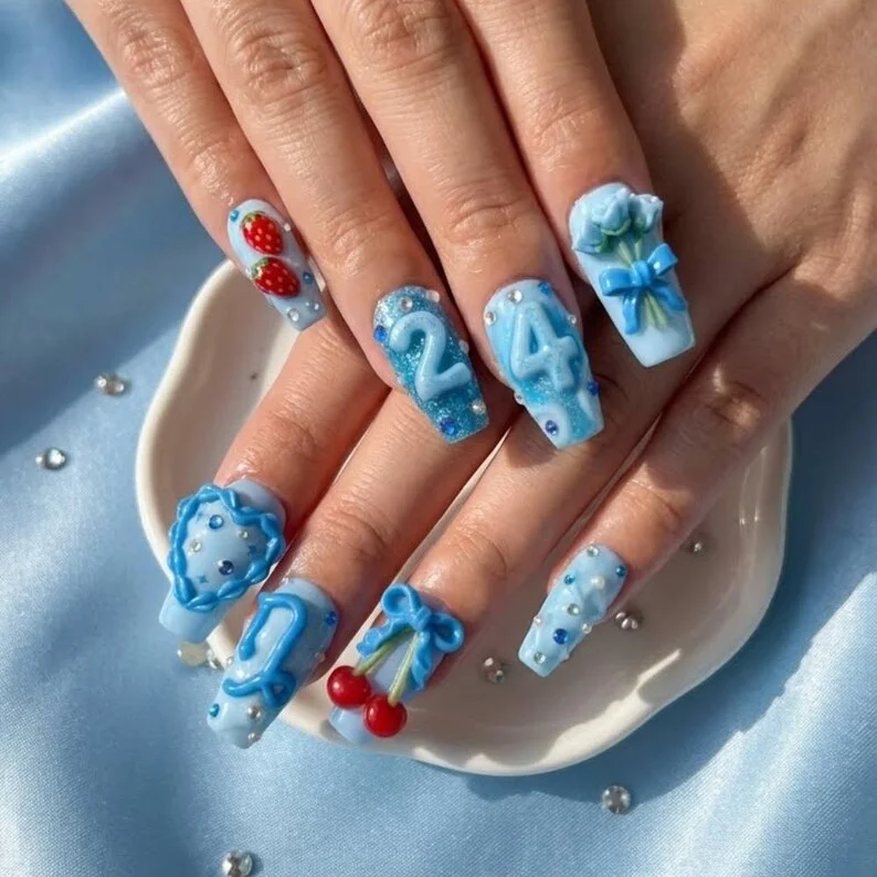 custom birthday nails, press on nails, custom press on nails, fake nails, Nails Art, stained glass nails, gold press on nails, 3d press on nails, luxury press on nails, handmade press on nails