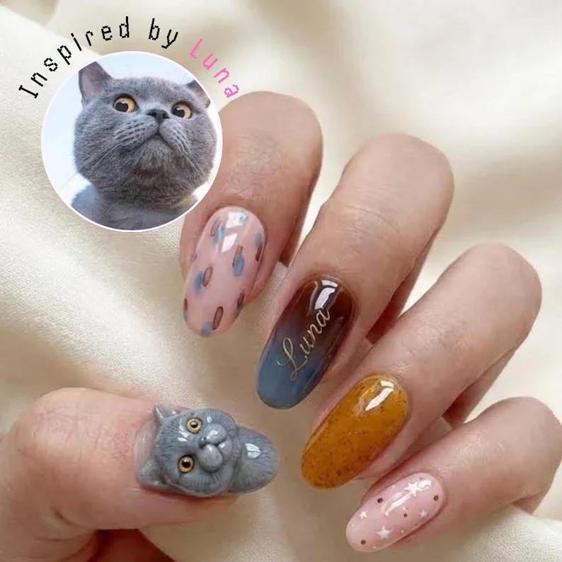3D cat portrait, custom nail design, press on nails, custom press on nails, fake nails, Nails Art, stained glass nails, gold press on nails, 3d press on nails, luxury press on nails, handmade press on nails