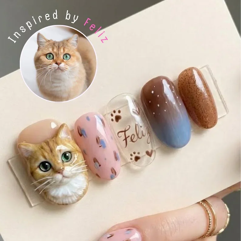 custom cat portrait, press on nails, custom press on nails, fake nails, Nails Art, stained glass nails, gold press on nails, 3d press on nails, luxury press on nails, handmade press on nails