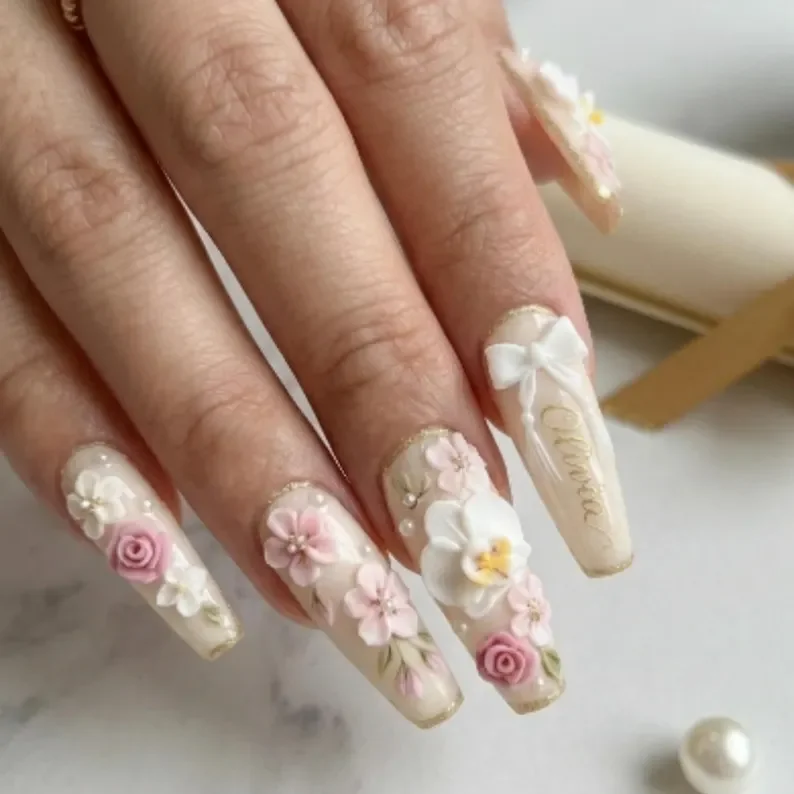 3D floral nails, orchid nail design, press on nails, custom press on nails, fake nails, Nails Art, stained glass nails, gold press on nails, 3d press on nails, luxury press on nails, handmade press on nails