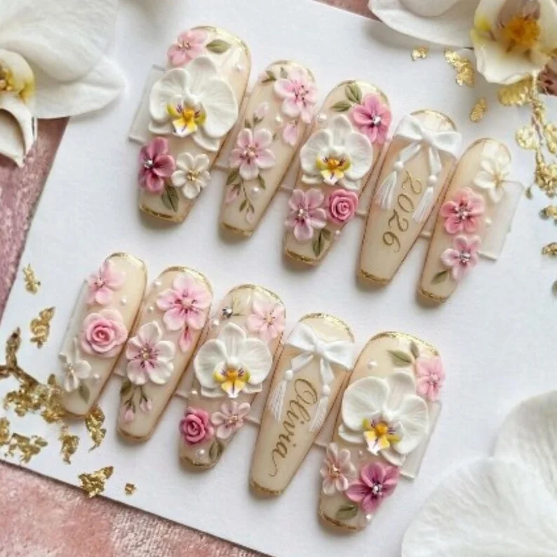 rose nail design, tassel nail art, press on nails, custom press on nails, fake nails, Nails Art, stained glass nails, gold press on nails, 3d press on nails, luxury press on nails, handmade press on nails