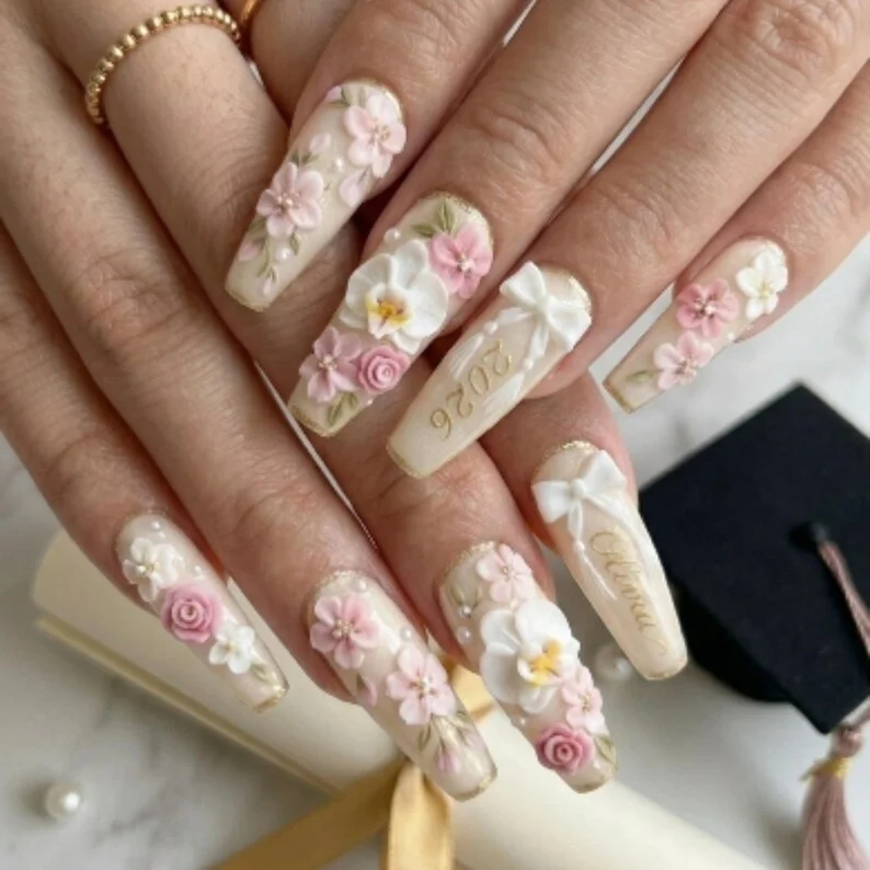 class of 2026, graduation nail set, press on nails, custom press on nails, fake nails, Nails Art, stained glass nails, gold press on nails, 3d press on nails, luxury press on nails, handmade press on nails