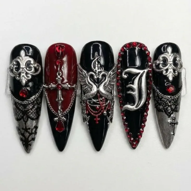 black and blood, swan charms, press on nails, custom press on nails, fake nails, Nails Art, stained glass nails, gold press on nails, 3d press on nails, luxury press on nails, handmade press on nails