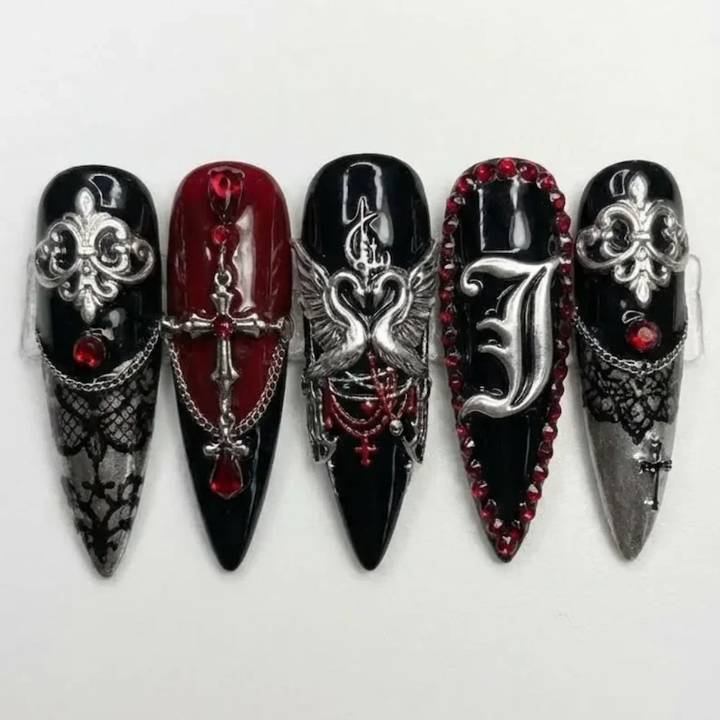 custom initial nails, dark romance nails, press on nails, custom press on nails, fake nails, Nails Art, stained glass nails, gold press on nails, 3d press on nails, luxury press on nails, handmade press on nails