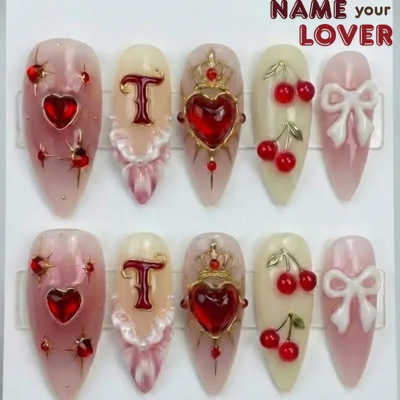 custom initial nails, valentine press on, press on nails, custom press on nails, fake nails, Nails Art, stained glass nails, gold press on nails, 3d press on nails, luxury press on nails, handmade press on nails