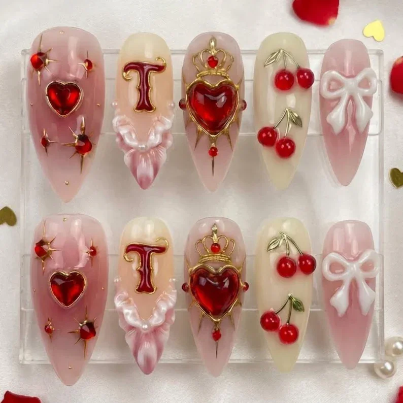 3D cherry nail art, bow nail design, press on nails, custom press on nails, fake nails, Nails Art, stained glass nails, gold press on nails, 3d press on nails, luxury press on nails, handmade press on nails