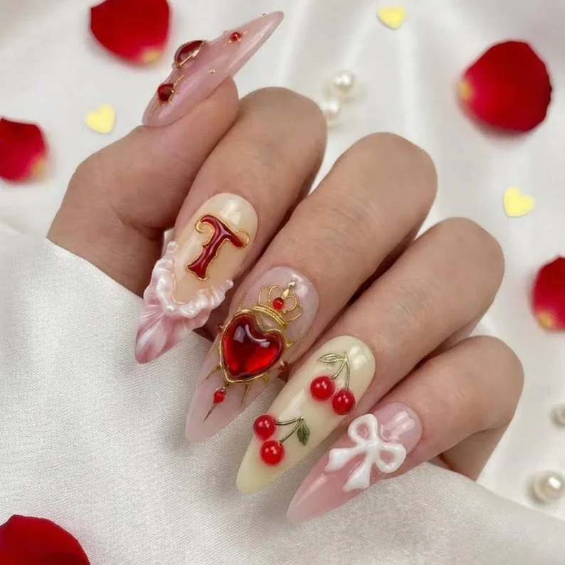 royal sacred heart, press on nail set, press on nails, custom press on nails, fake nails, Nails Art, stained glass nails, gold press on nails, 3d press on nails, luxury press on nails, handmade press on nails