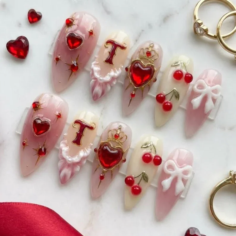 heart nail art, custom monogram nails, press on nails, custom press on nails, fake nails, Nails Art, stained glass nails, gold press on nails, 3d press on nails, luxury press on nails, handmade press on nails