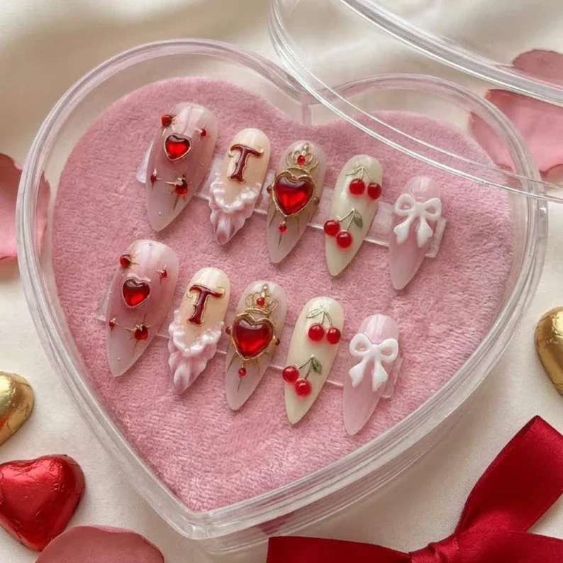custom initial nails, valentine press on, press on nails, custom press on nails, fake nails, Nails Art, stained glass nails, gold press on nails, 3d press on nails, luxury press on nails, handmade press on nails