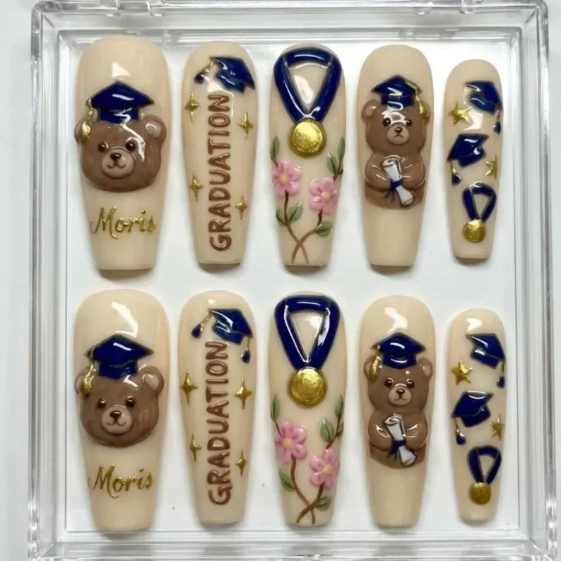 custom name nails, graduation press ons, press on nails, custom press on nails, fake nails, Nails Art, stained glass nails, gold press on nails, 3d press on nails, luxury press on nails, handmade press on nails