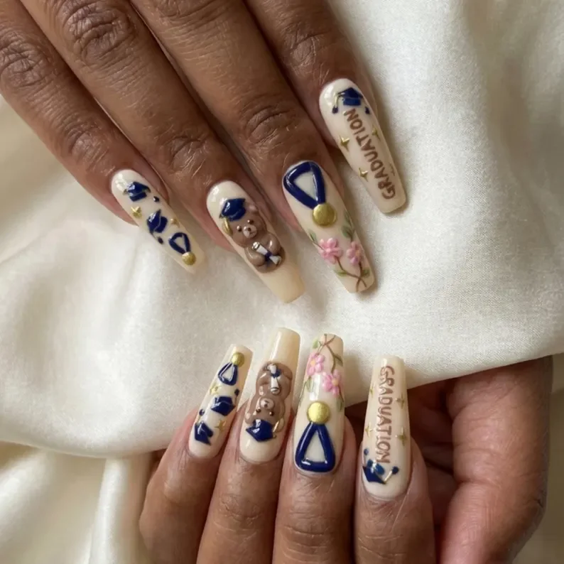 grad bear design, diploma 2026, press on nails, custom press on nails, fake nails, Nails Art, stained glass nails, gold press on nails, 3d press on nails, luxury press on nails, handmade press on nails