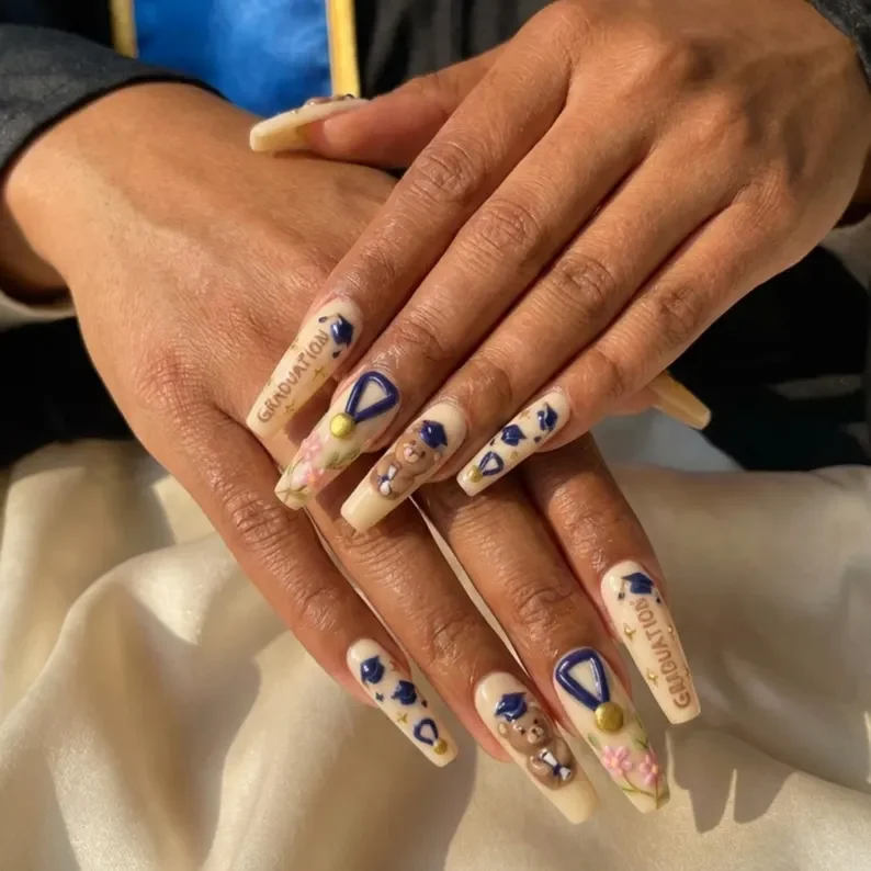 2026 graduation nails, press on graduation nails, press on nails, custom press on nails, fake nails, Nails Art, stained glass nails, gold press on nails, 3d press on nails, luxury press on nails, handmade press on nails