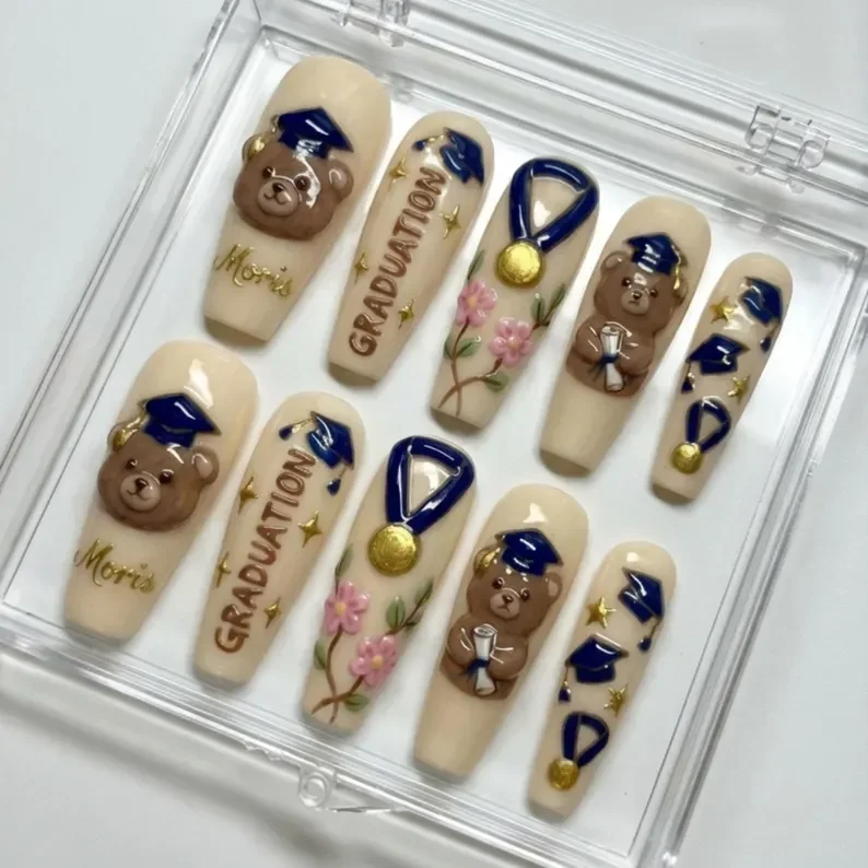 custom name nails, graduation press ons, press on nails, custom press on nails, fake nails, Nails Art, stained glass nails, gold press on nails, 3d press on nails, luxury press on nails, handmade press on nails