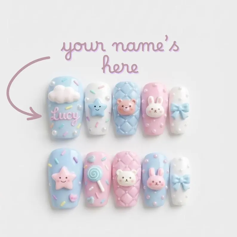 3D pastel kawaii, kawaii bear bunny, press on nails, custom press on nails, fake nails, Nails Art, stained glass nails, gold press on nails, 3d press on nails, luxury press on nails, handmade press on nails