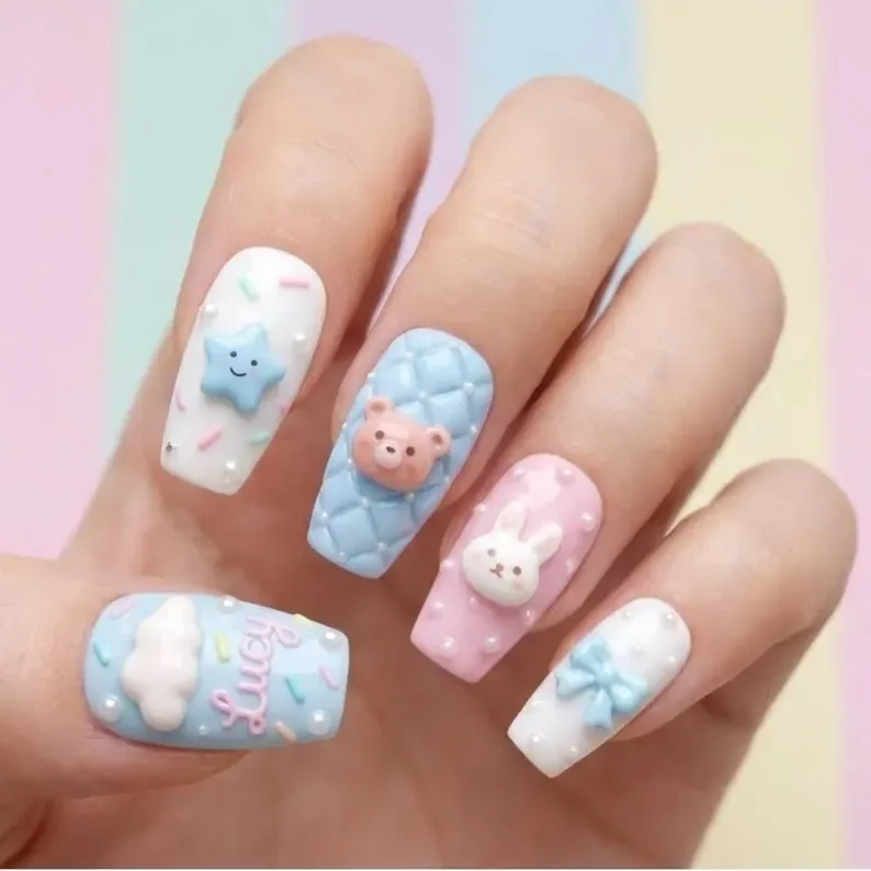 kawaii bear bunny, lollipop nail design, press on nails, custom press on nails, fake nails, Nails Art, stained glass nails, gold press on nails, 3d press on nails, luxury press on nails, handmade press on nails