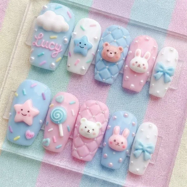 pastel kawaii nails, 3D nail art, press on nails, custom press on nails, fake nails, Nails Art, stained glass nails, gold press on nails, 3d press on nails, luxury press on nails, handmade press on nails