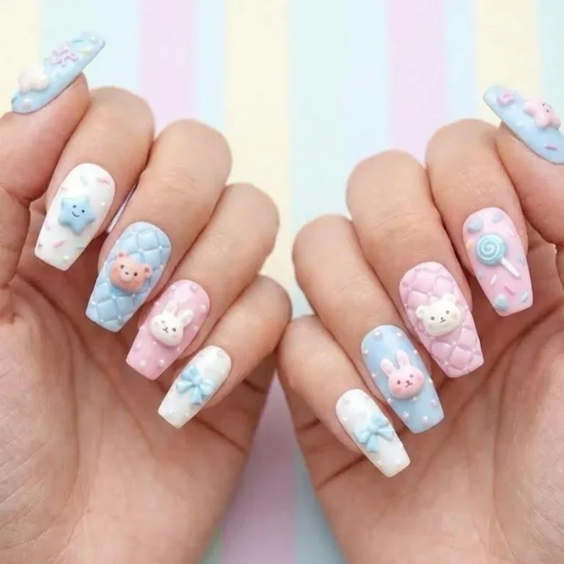 bear bunny nails, custom name press-on nails, press on nails, custom press on nails, fake nails, Nails Art, stained glass nails, gold press on nails, 3d press on nails, luxury press on nails, handmade press on nails