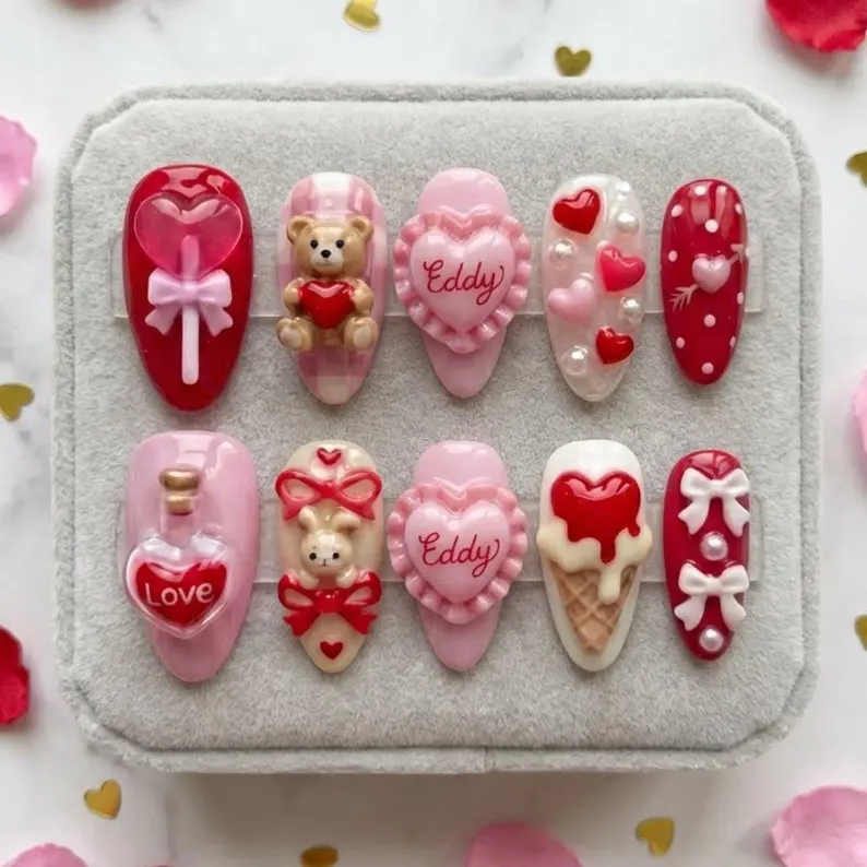 kawaii valentine nail art, valentine press on nails, press on nails, custom press on nails, fake nails, Nails Art, stained glass nails, gold press on nails, 3d press on nails, luxury press on nails, handmade press on nails