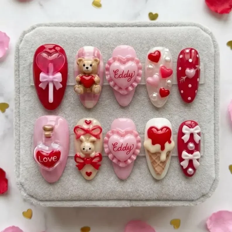 custom name press on nails, 3D teddy bear nails, press on nails, custom press on nails, fake nails, Nails Art, stained glass nails, gold press on nails, 3d press on nails, luxury press on nails, handmade press on nails