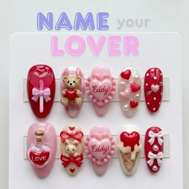 kawaii valentine nail art, valentine press on nails, press on nails, custom press on nails, fake nails, Nails Art, stained glass nails, gold press on nails, 3d press on nails, luxury press on nails, handmade press on nails