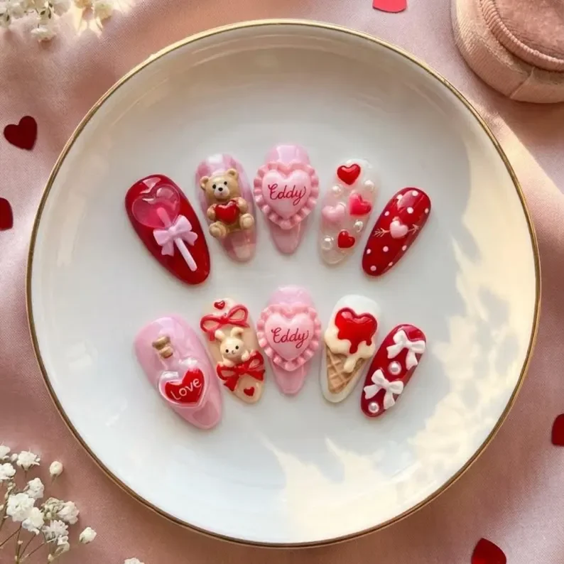 kawaii nail art, 3D teddy bear nail art, press on nails, custom press on nails, fake nails, Nails Art, stained glass nails, gold press on nails, 3d press on nails, luxury press on nails, handmade press on nails