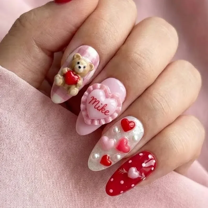 custom name press on nails, 3D teddy bear nails, press on nails, custom press on nails, fake nails, Nails Art, stained glass nails, gold press on nails, 3d press on nails, luxury press on nails, handmade press on nails