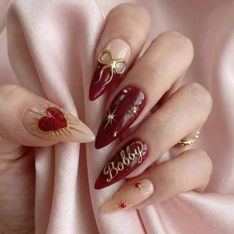 personalized valentine nails, celestial burgundy nails, press on nails, custom press on nails, fake nails, Nails Art, stained glass nails, gold press on nails, 3d press on nails, luxury press on nails, handmade press on nails