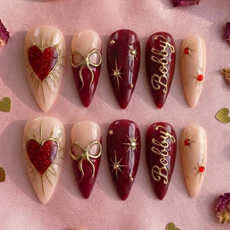 custom nail design, burgundy heart nails, press on nails, custom press on nails, fake nails, Nails Art, stained glass nails, gold press on nails, 3d press on nails, luxury press on nails, handmade press on nails