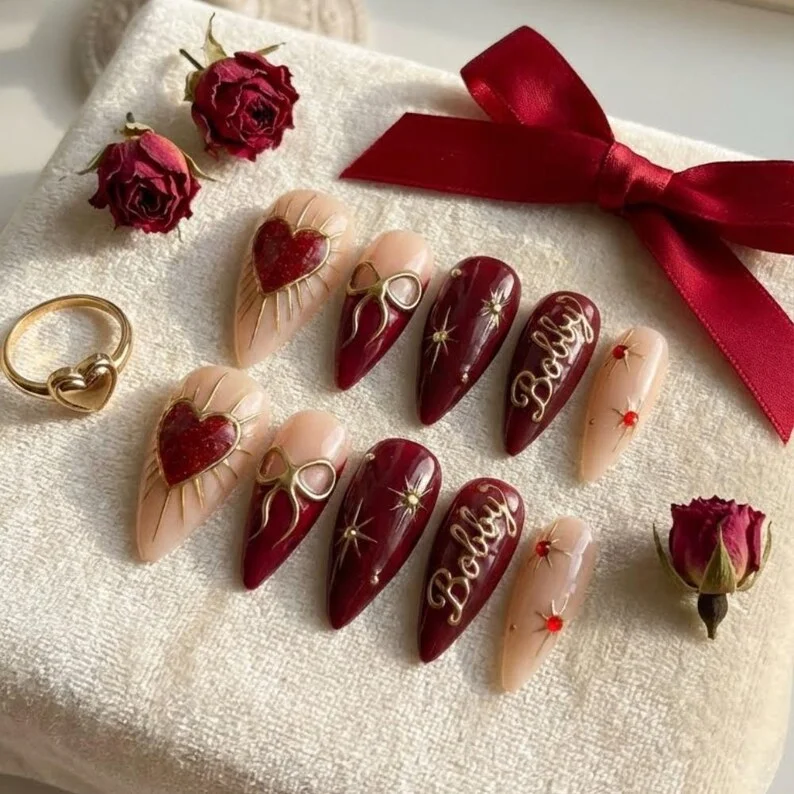custom name press on nails, sacred heart nails, press on nails, custom press on nails, fake nails, Nails Art, stained glass nails, gold press on nails, 3d press on nails, luxury press on nails, handmade press on nails