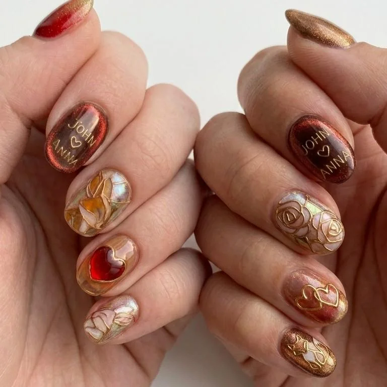 custom name nails, stained glass heart, press on nails, custom press on nails, fake nails, Nails Art, stained glass nails, gold press on nails, 3d press on nails, luxury press on nails, handmade press on nails